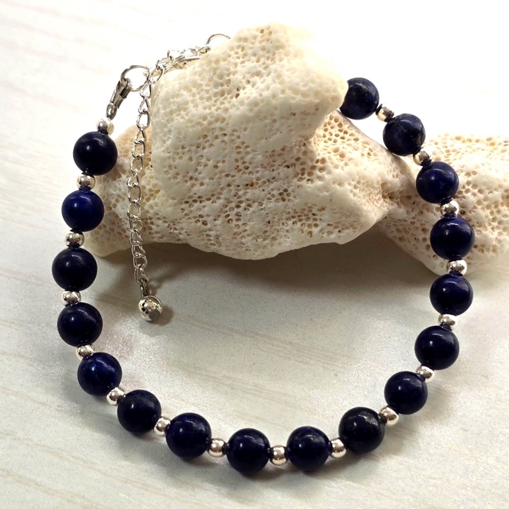 Lapis Blue Beaded Bracelet with Silver Tone Accents